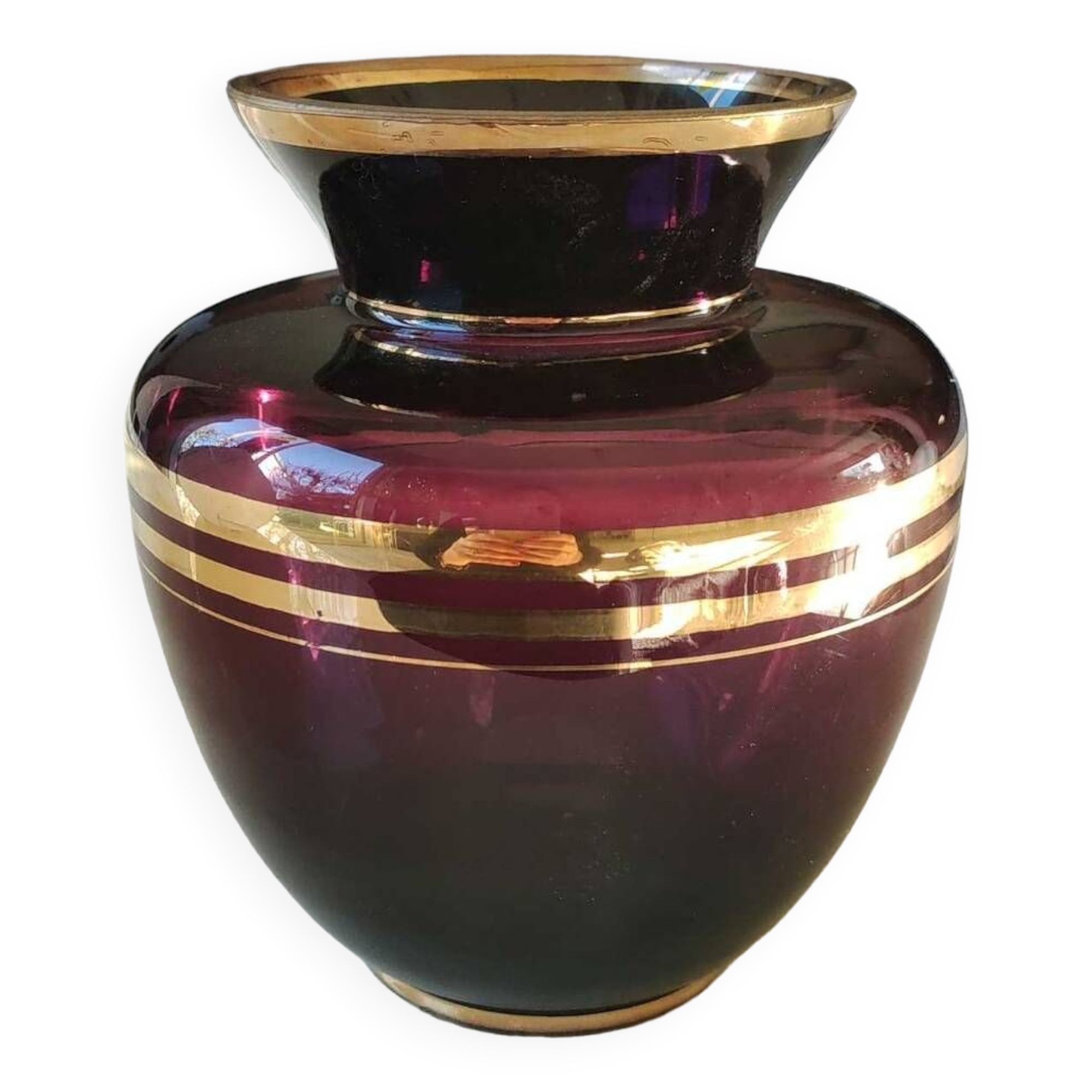 Verrerie Boom d’Anvers ball vase, Murano style. Amethyst color/Horizontal gold bands
