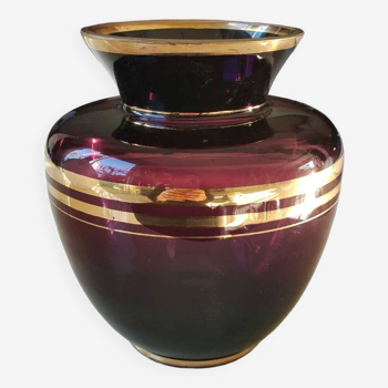 Vase boule Verrerie Boom d Anvers, style Murano. Couleur améthyste/Bandes d or horizontales