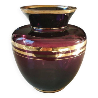 Vase boule Verrerie Boom d Anvers, style Murano. Couleur améthyste/Bandes d or horizontales