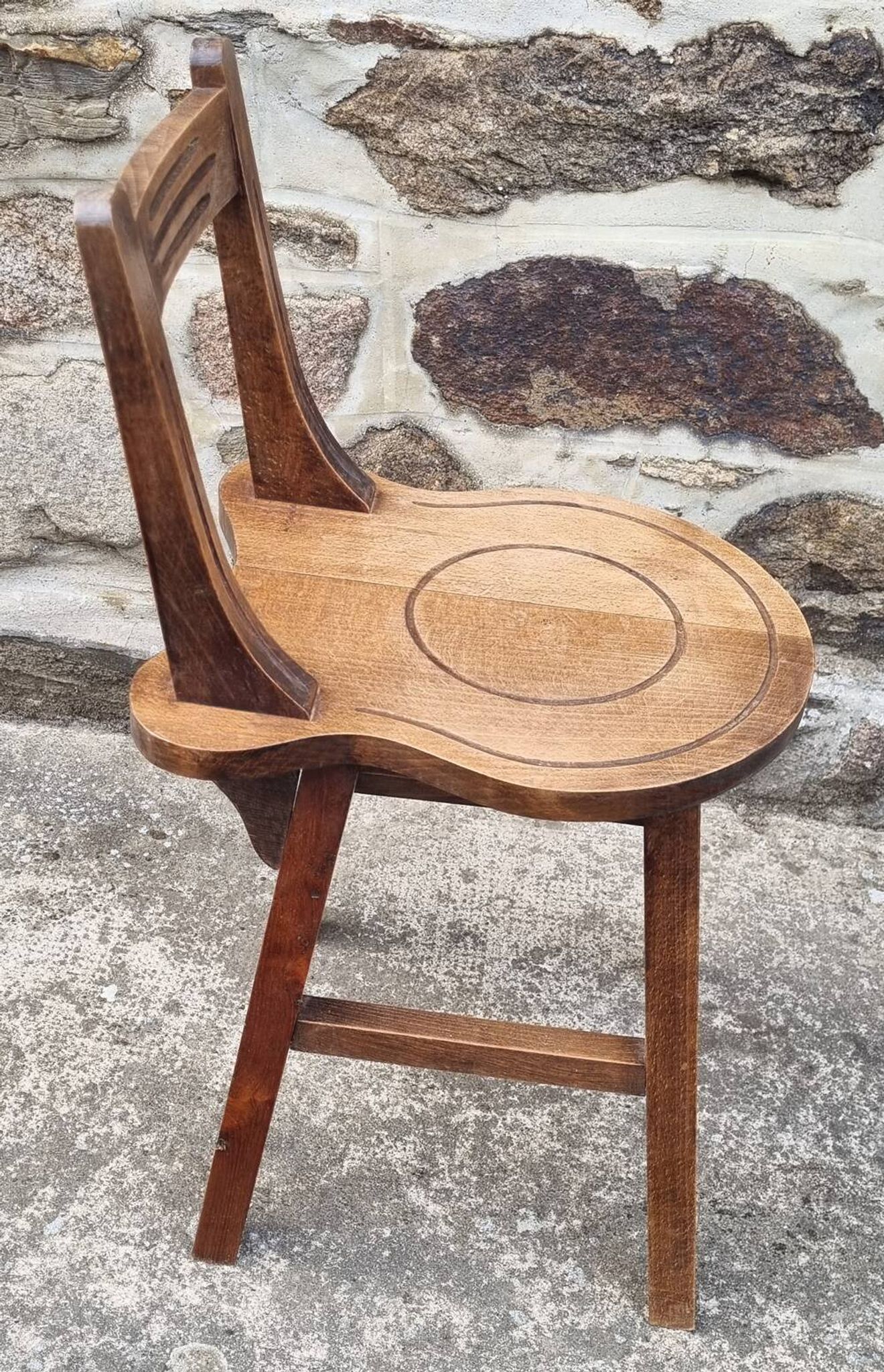 Set of rustic chairs and stools in carved oak, vintage, 1950s.