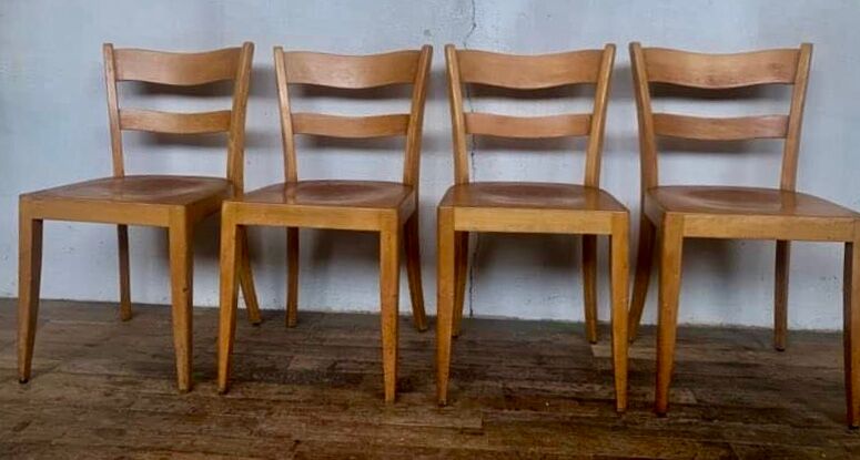 Set of 4 vintage bistro chairs in light wood