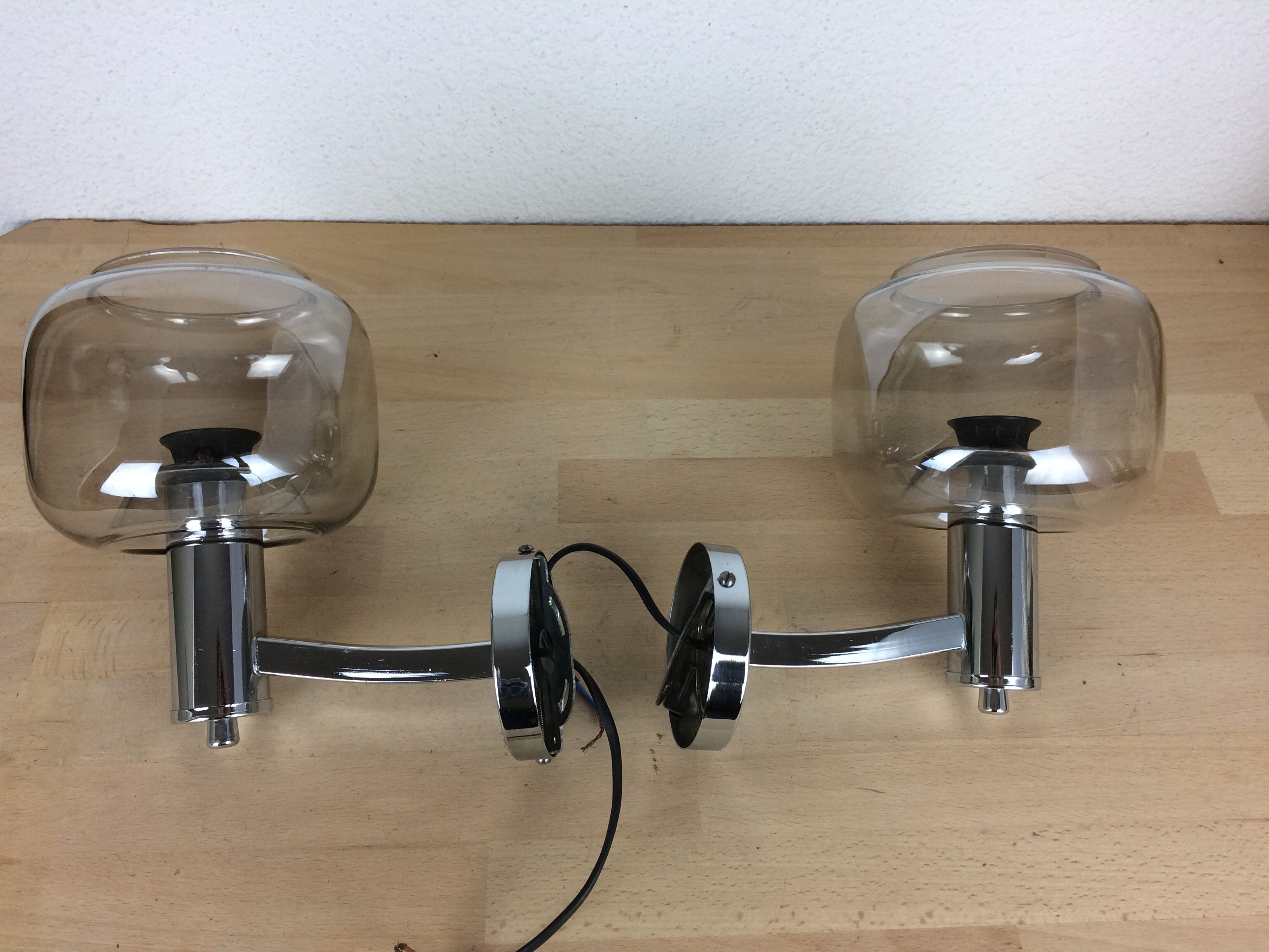 Pair of chrome sconces and smoked glass space age, 70s