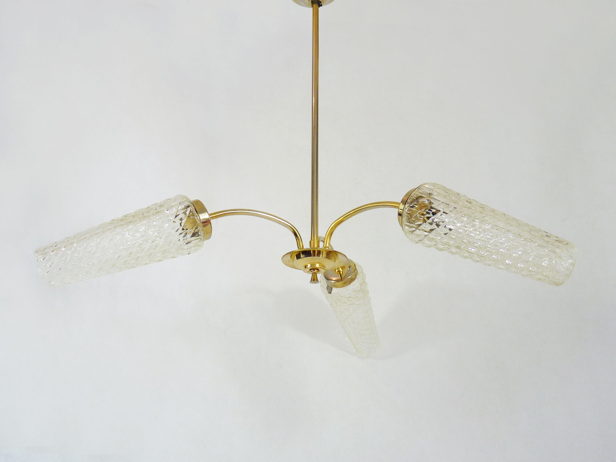 Old 3-branched chandelier, brass and chiseled glass tubes, 60s