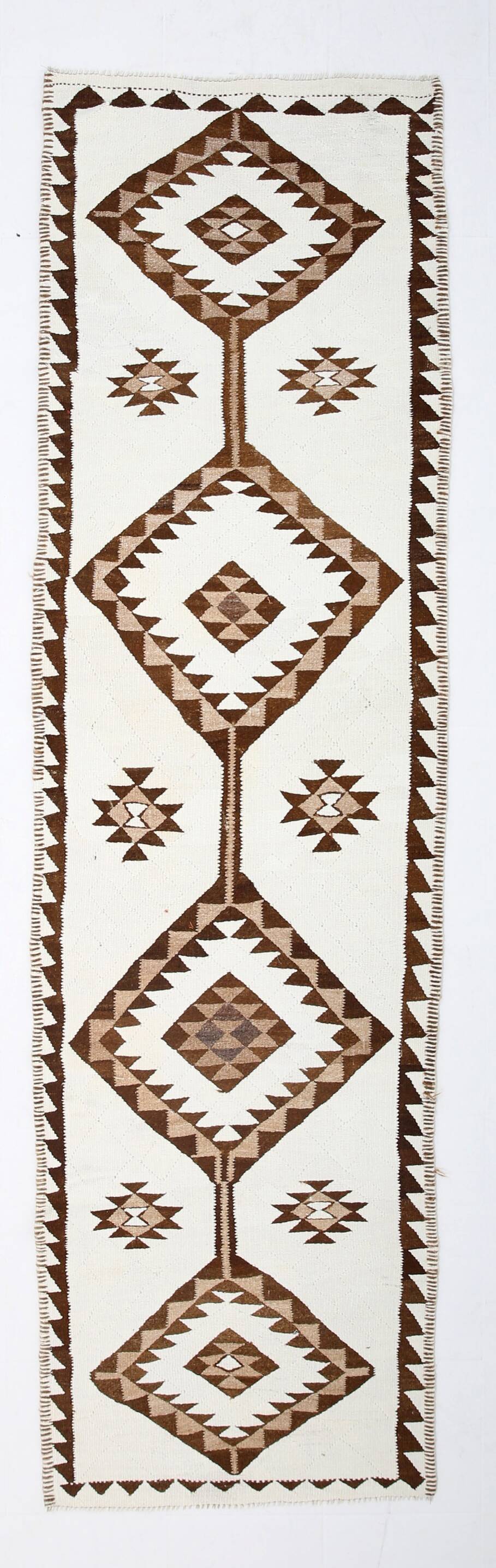 3x12 Geometric Beige & Brown Kilim Runner Rug, 102x357Cm