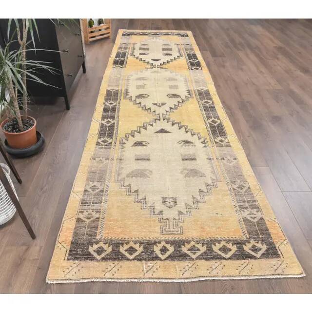 Vintage Gold-Beige Turkish Hand-Knotted Hallway Runner 115x419