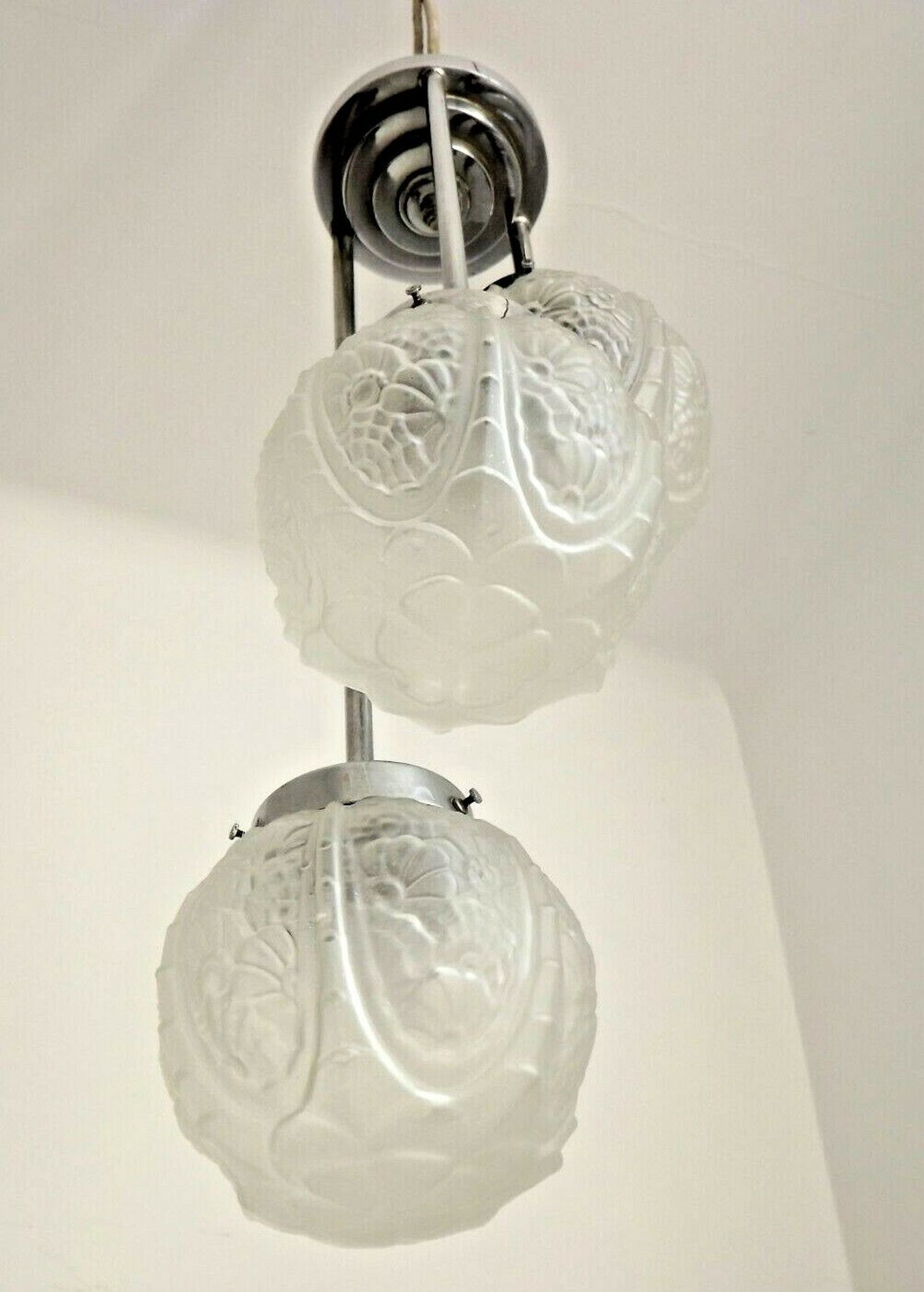 french art deco light in chrome with 3 floral opaque glass shades