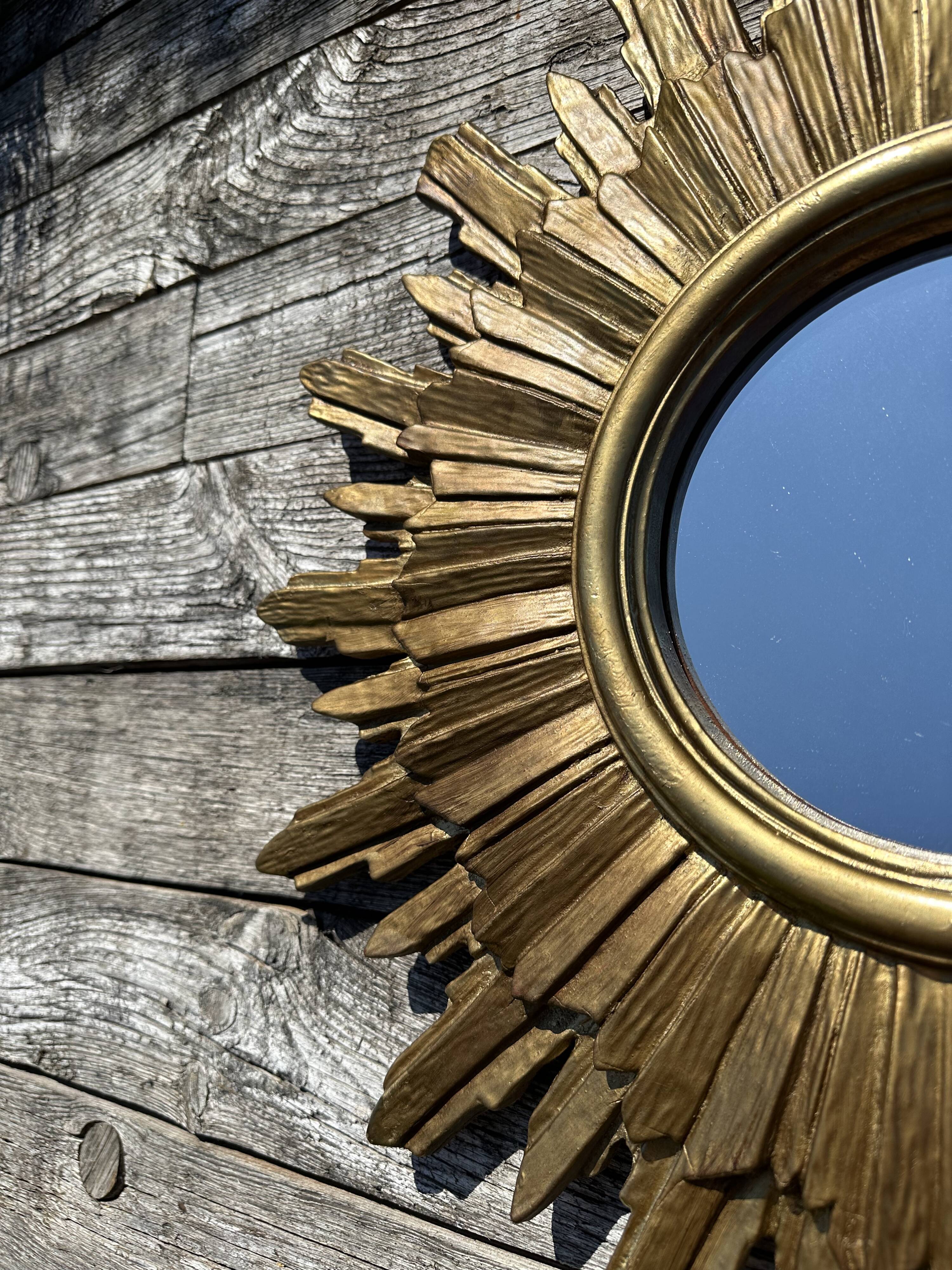Vintage sun mirror 1960 in patinated golden balsa