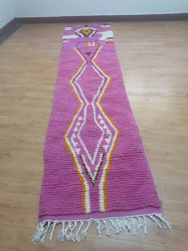 Tapis coureur en laine rose - tapis berbère tissé à la main du Maroc - 315 x 73 cm