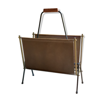 Vintage leather and brass magazine rack