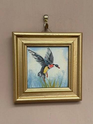 Mid-Century Oil on Panel – “Birds” by Unknown, Vintage & Framed 11 × 11 cm