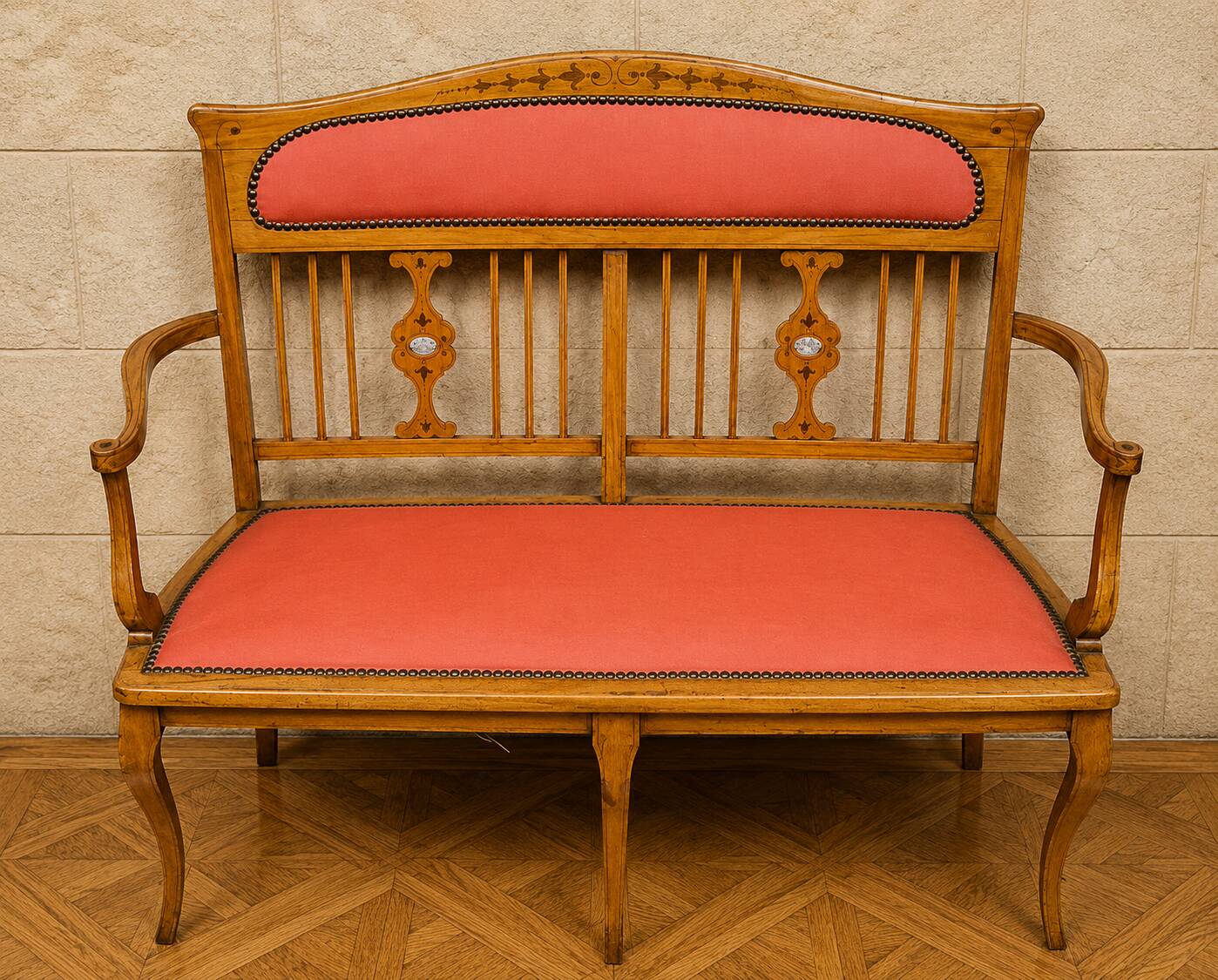 Art Nouveau bench in fruitwood with marquetry