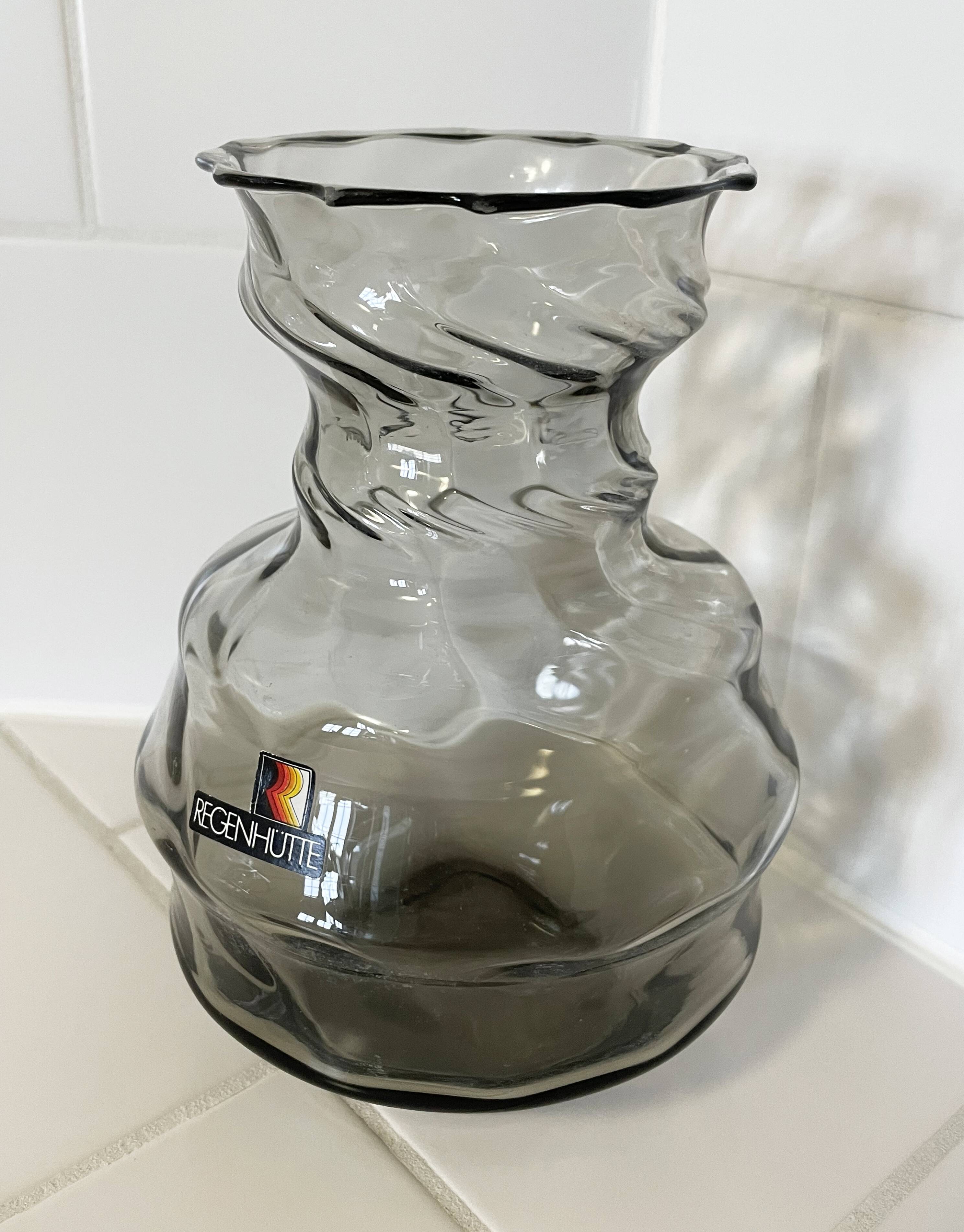 Smoky Gray Regenhütte Vase with Swirled Ribbing, German Handblown Glass