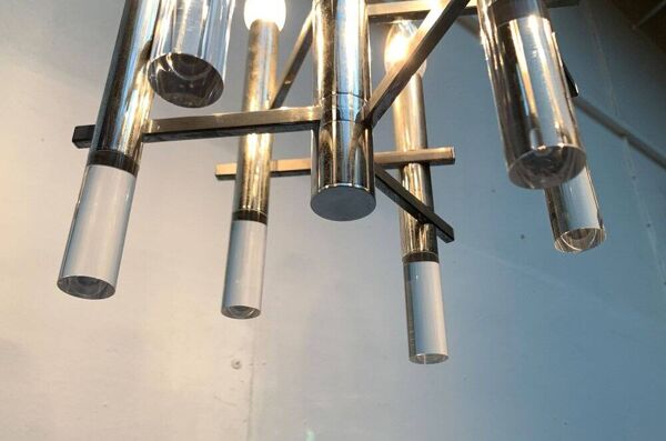 Lustre italien en chrome et acrylique de l'époque space age du milieu du siècle par Gaetano Sciolari, années 1960