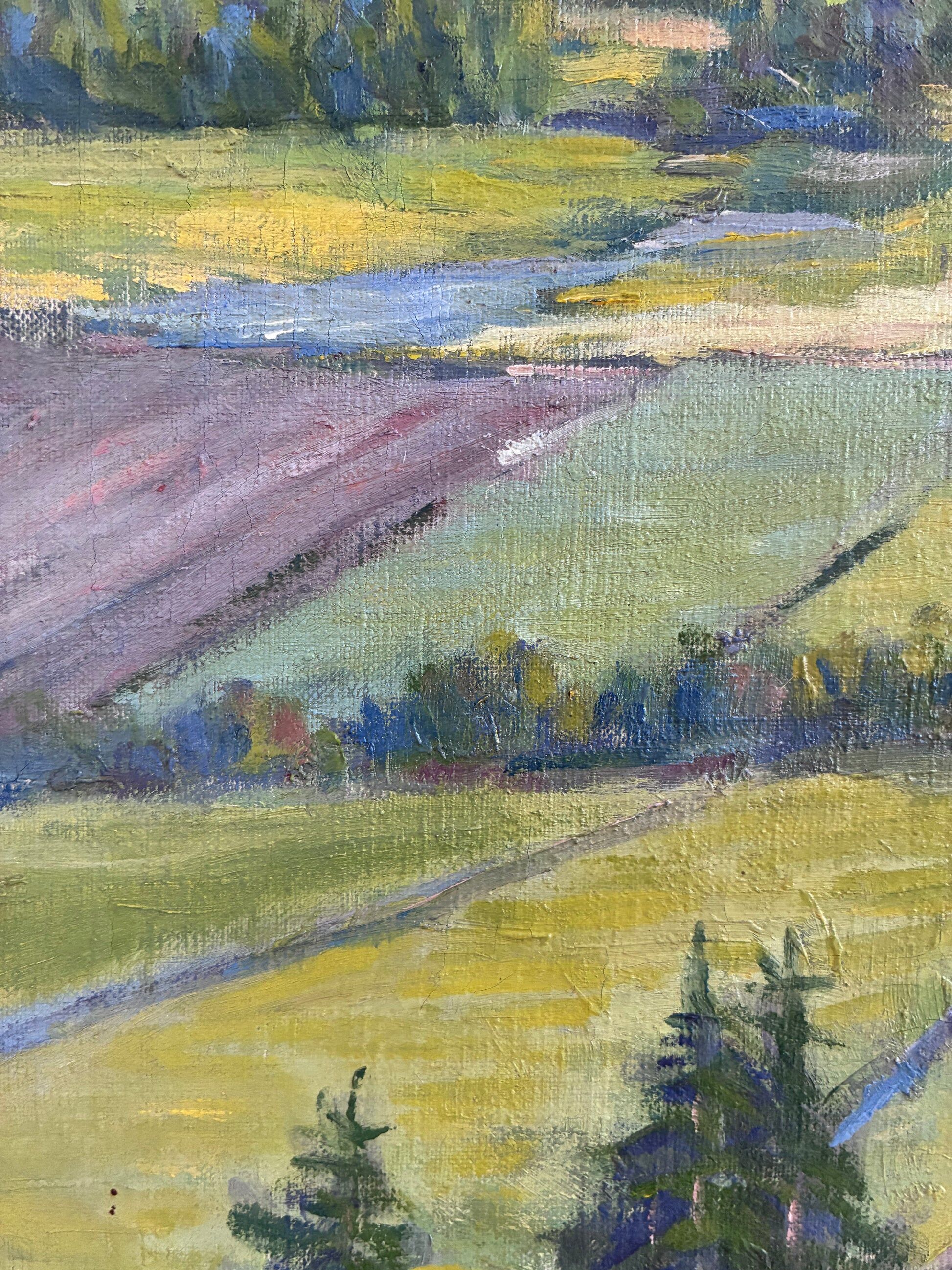 Peinture à l'huile vintage originale de paysage, art de la campagne