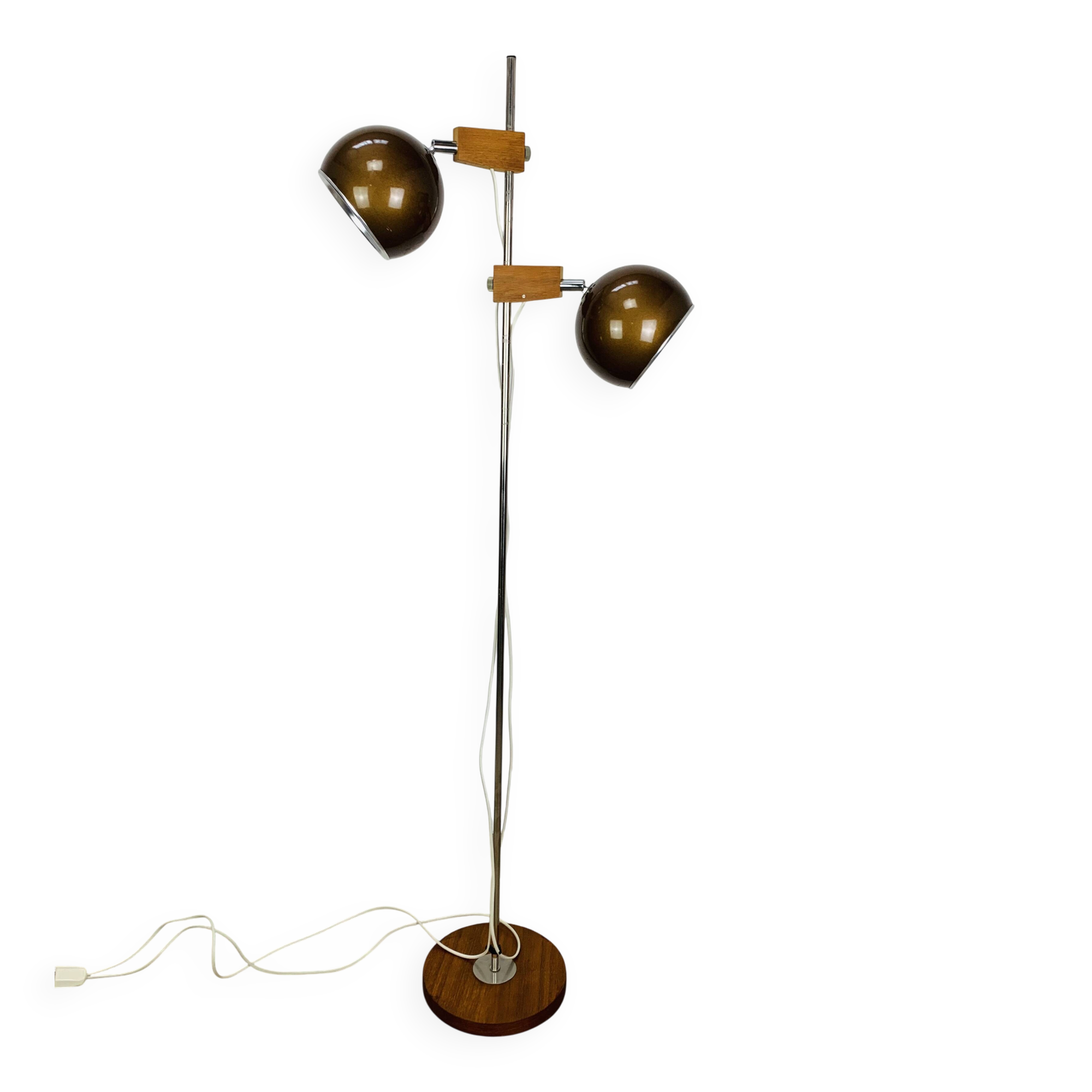 Eyeball floor lamp by Temde Leuchten, copper metal, teak and chrome, 70s.