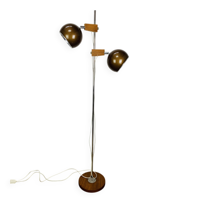 Lampadaire eyeball par Temde Leuchten, métal cuivré, teck et chrome, 70's
