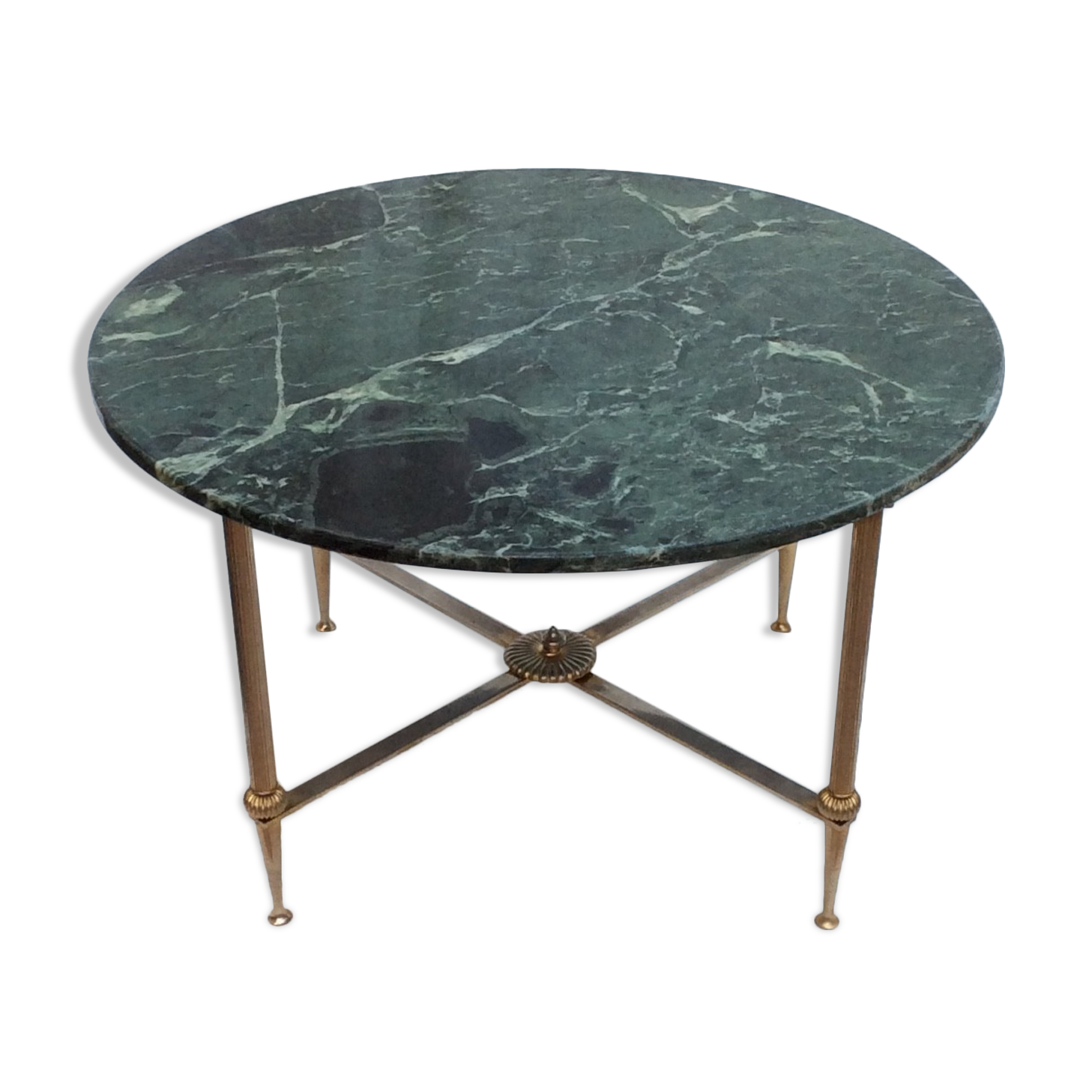 Table basse ronde en laiton doré avec un plateau en marbre dimension : hauteur -40,5cm- diamètre -69