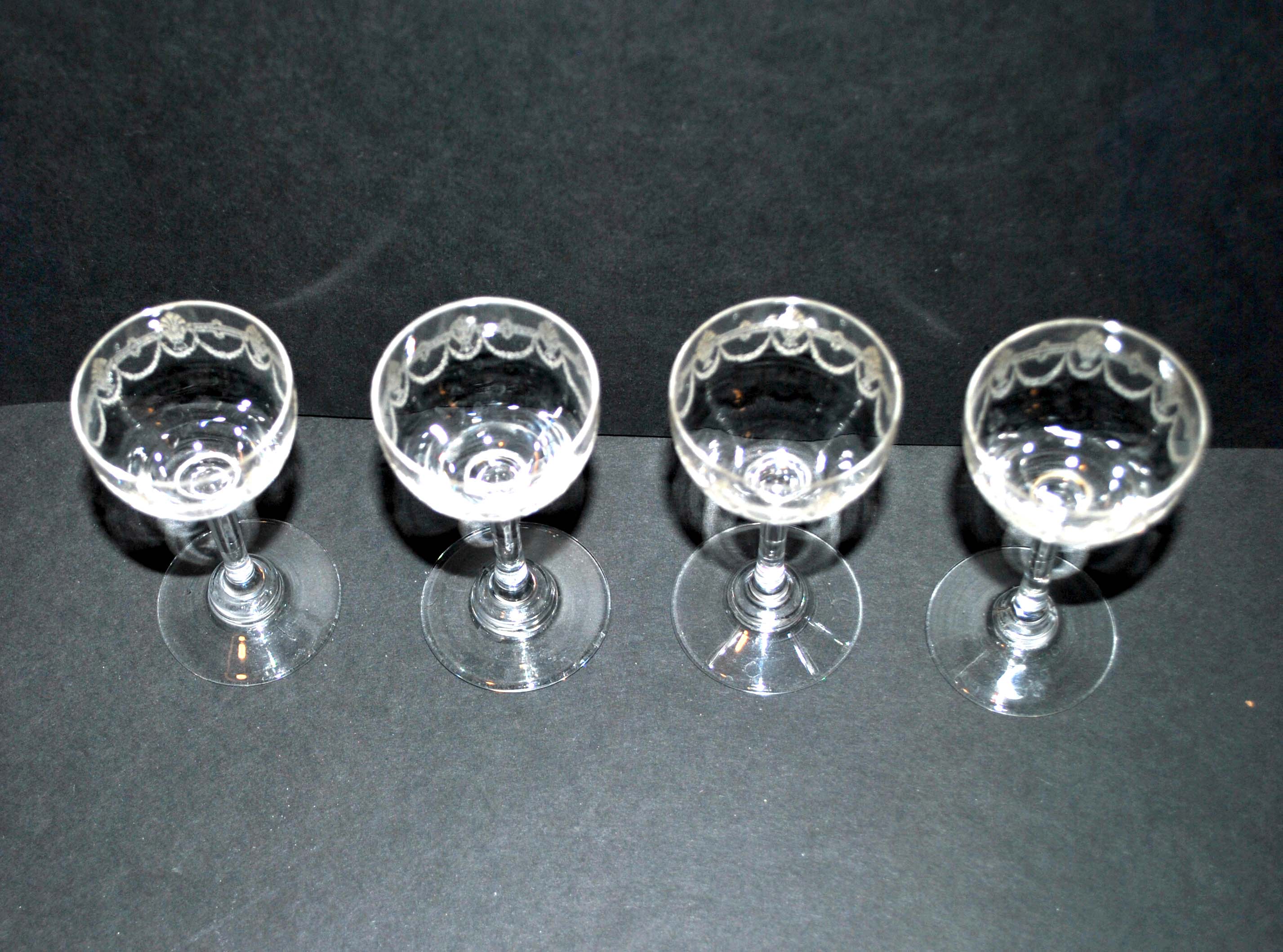 Set of 4 crystal liqueur glasses from saint-louis model sylva engraved with acid 1930