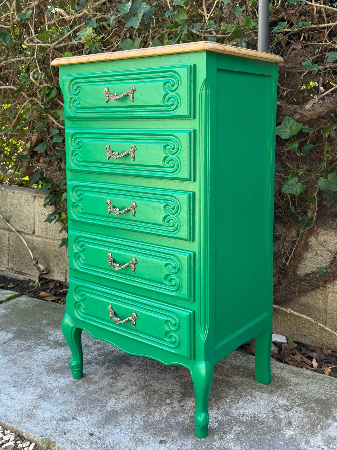 Vintage green oak chest of drawers from the 1960s.