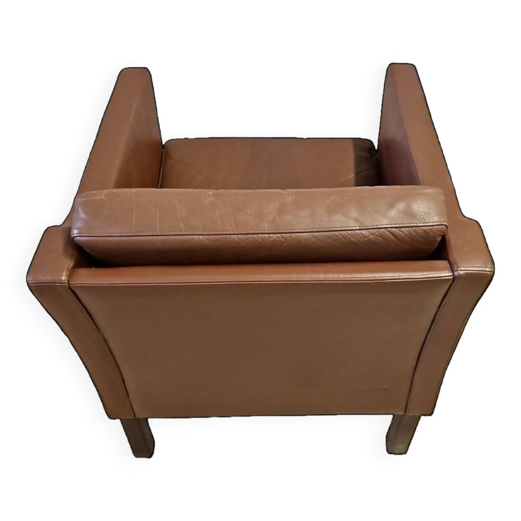Fauteuil danois en cuir marron à dossier bas 1960