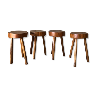 Set of 4 stools in art brut tripod wood