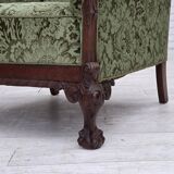 1950s, Danish armchair, green furniture velour, carved oak wood.