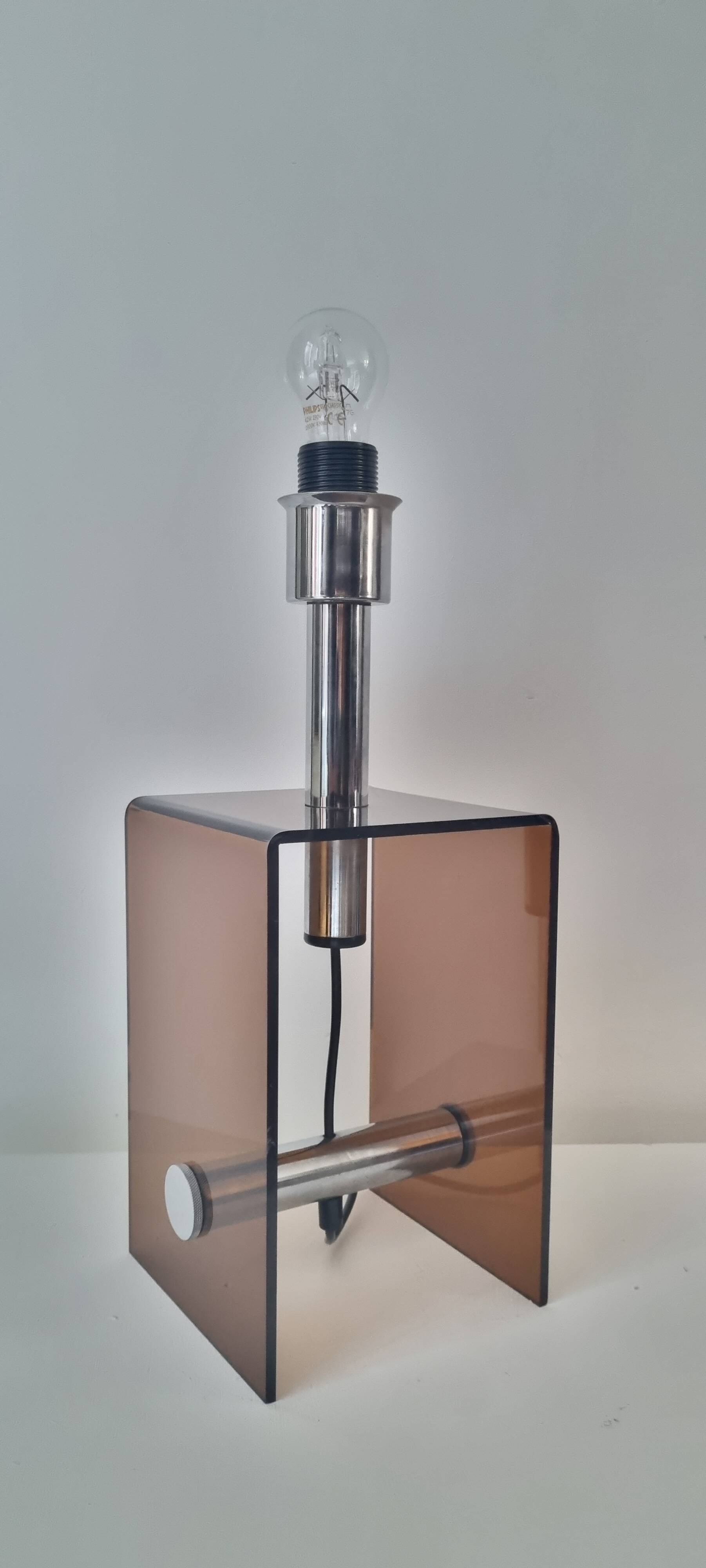 Mid-century smokey brown acrylic glass and chrome table lamp, 1970s