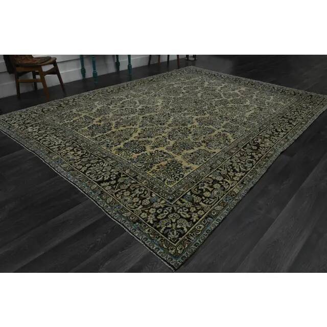 1970s Vintage Persian Handmade Wool Cotton Green Area Rug 265x368
