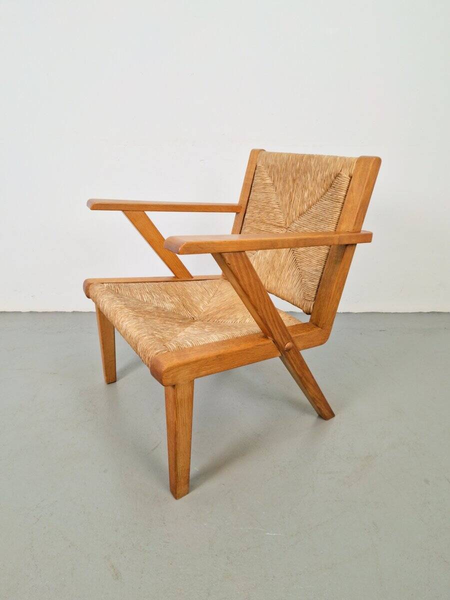 Chaises en bois brutalistes modernistes en paille, années 1940, ensemble de 3