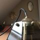 Vintage chandelier in smoked glass and gold metal