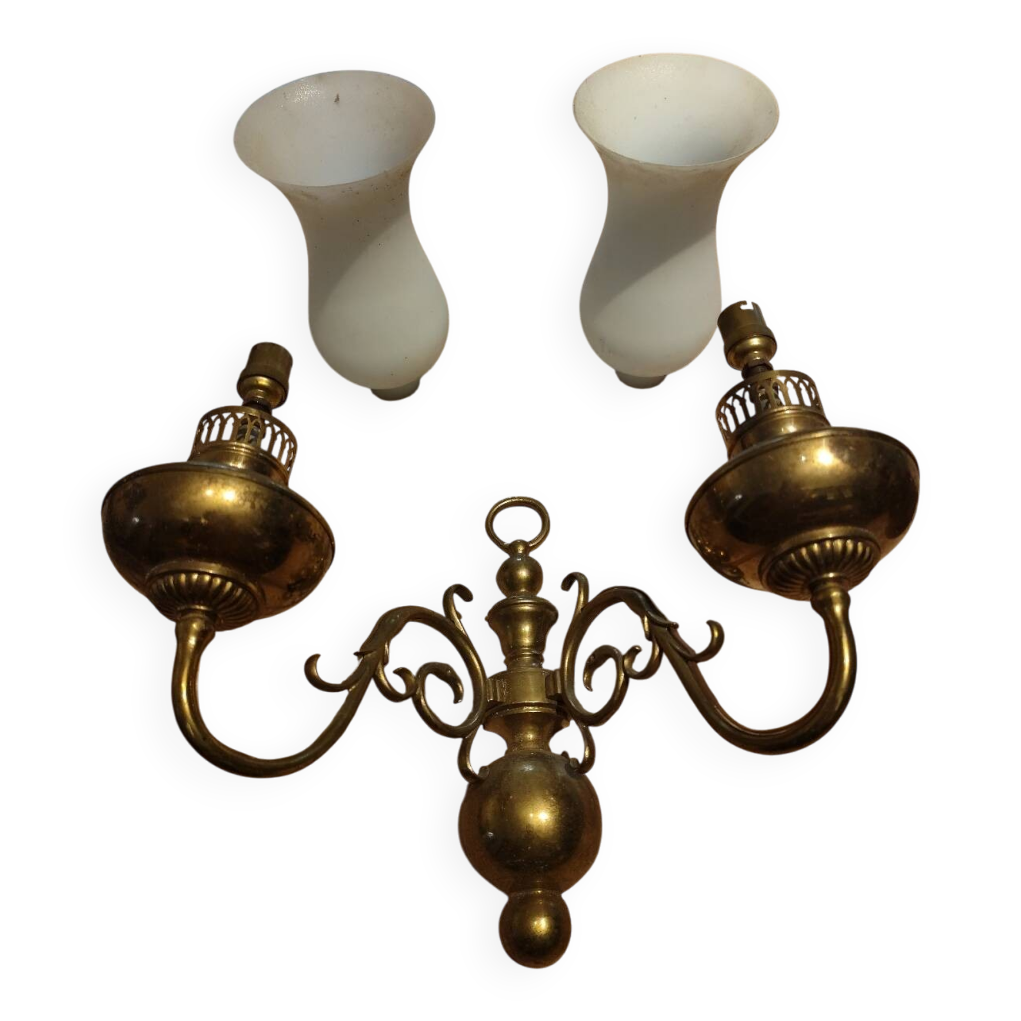 Antique brass wall sconce with two arms and glass shades