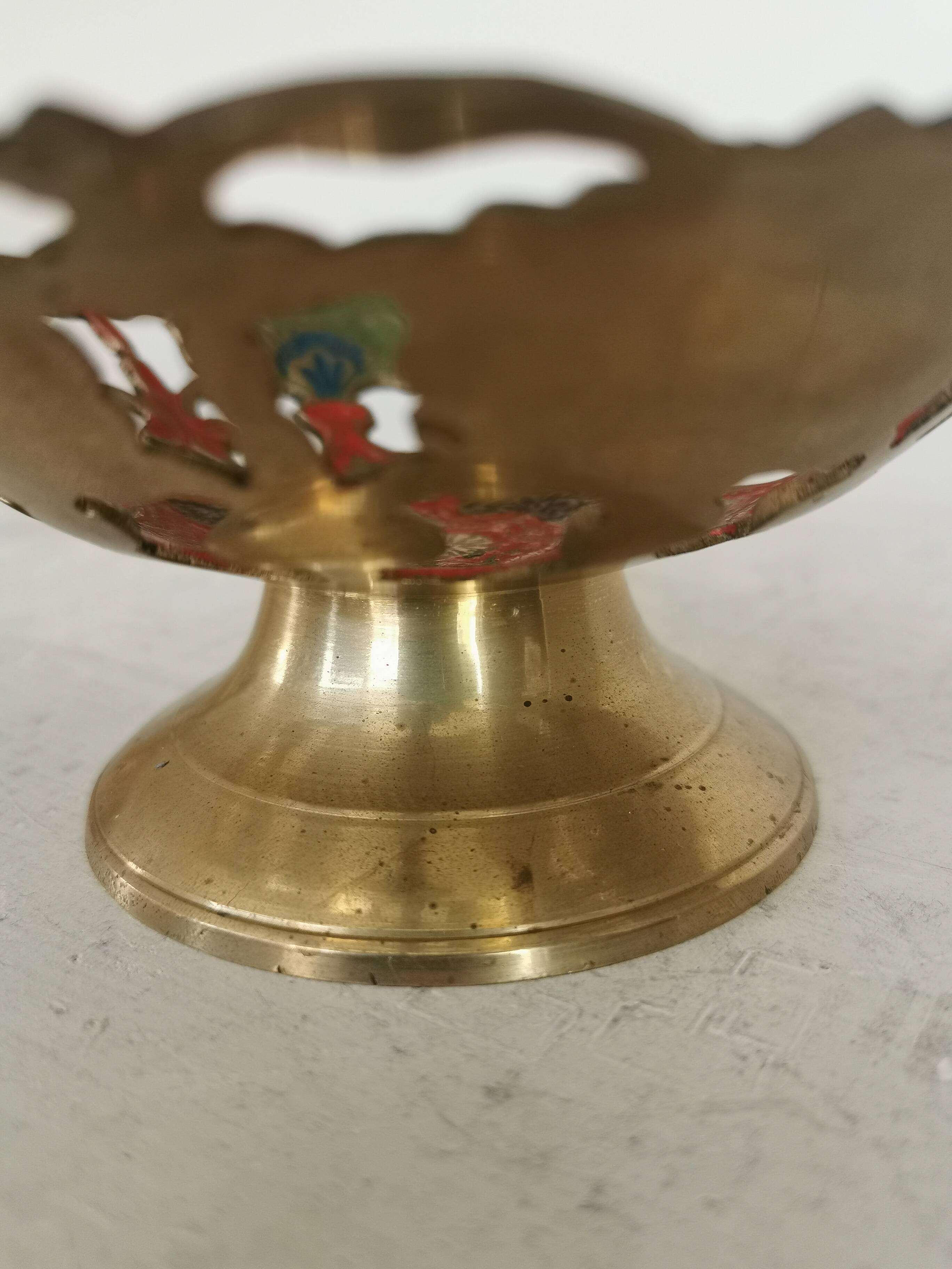 Vintage Brass Pedestal Bowl: Floral Motif, Red Blue Green Painted