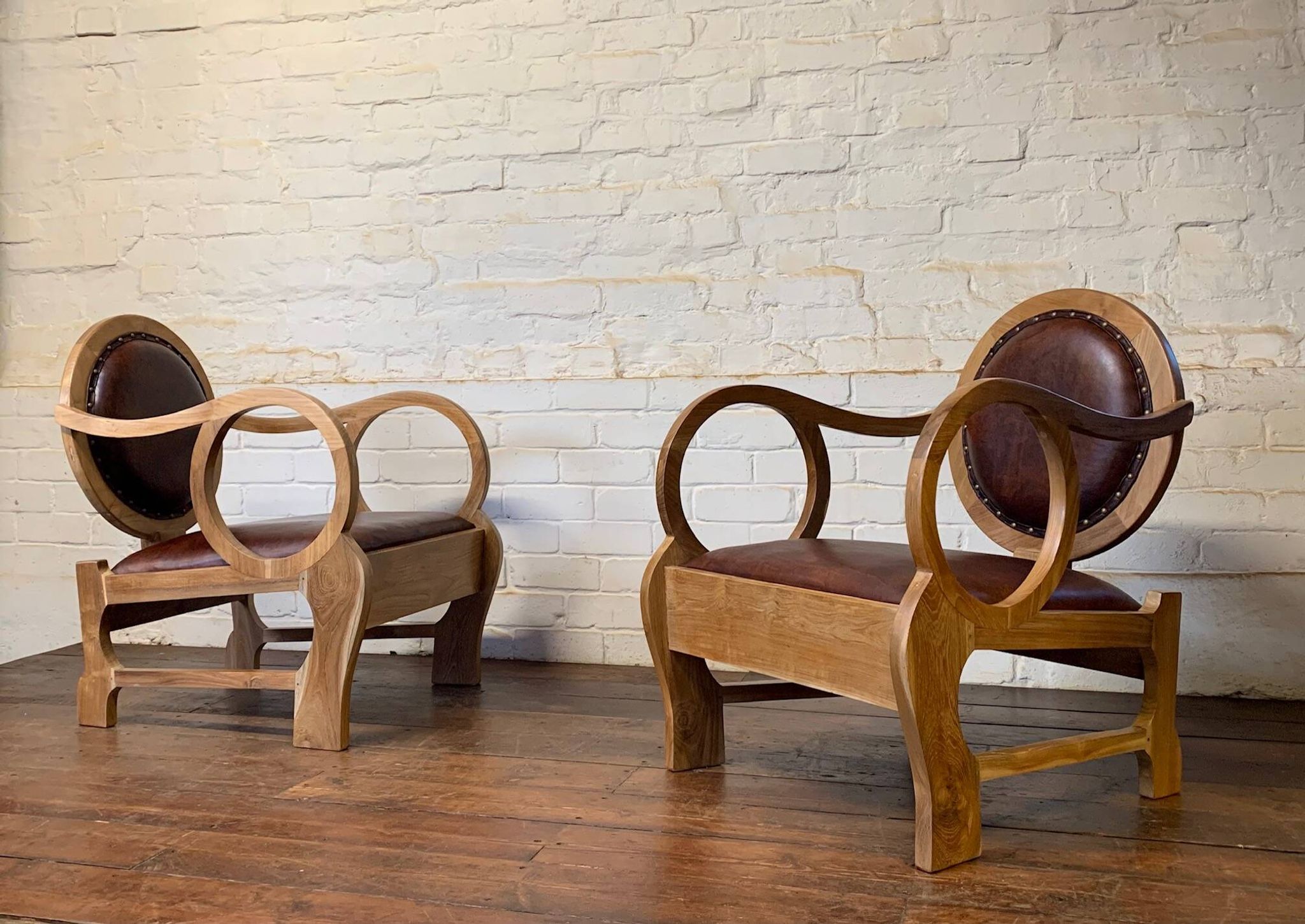 Pair of Hungarian Walnut & Leather Chairs by Lajos Kozma 1884-1948