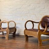 Pair of Hungarian Walnut & Leather Chairs by Lajos Kozma 1884-1948