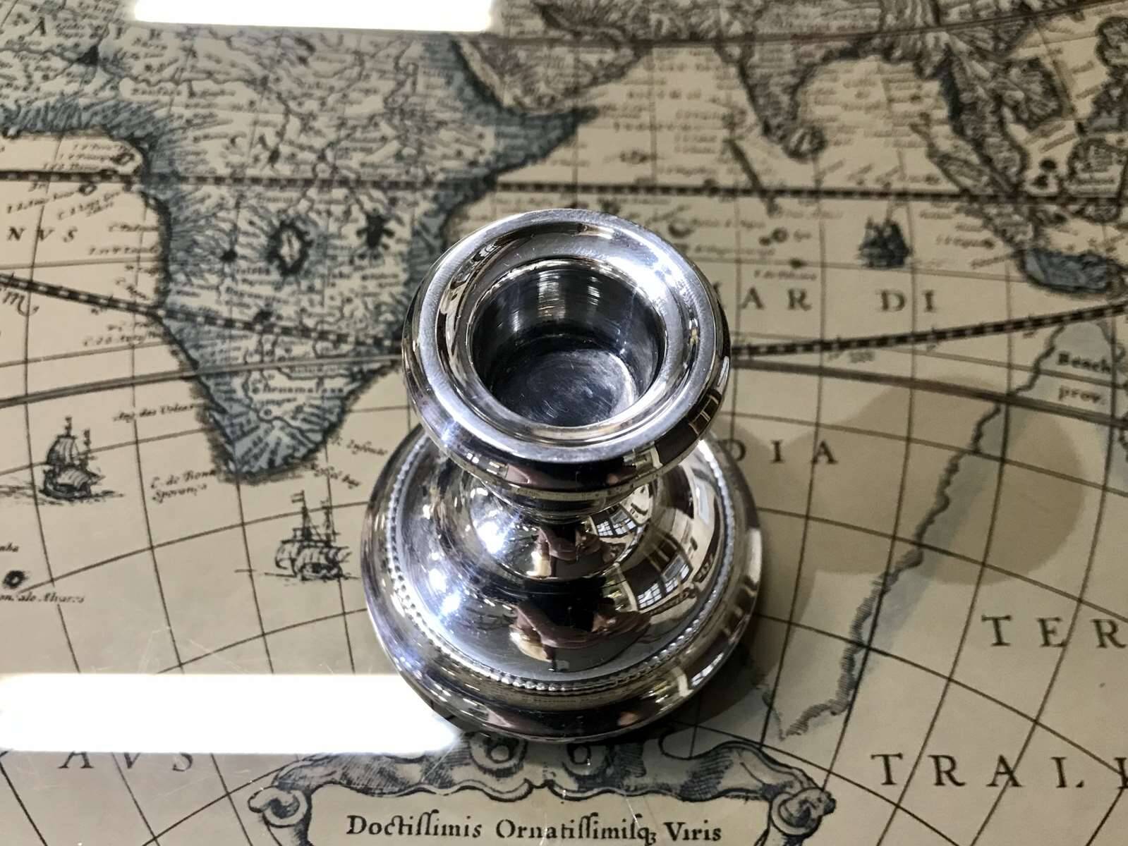Small English silver metal candle holder from the 1950s