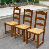 3 chaises bois massif paillées type ferme dossier haut