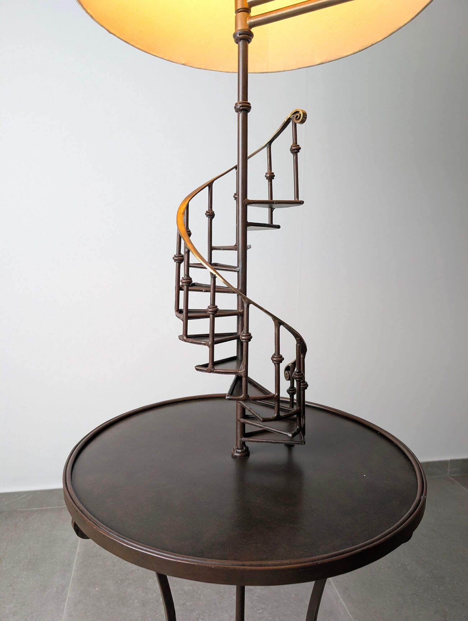 French Floor Lamp with Spiral Staircase, iron and brass, Mid-Century