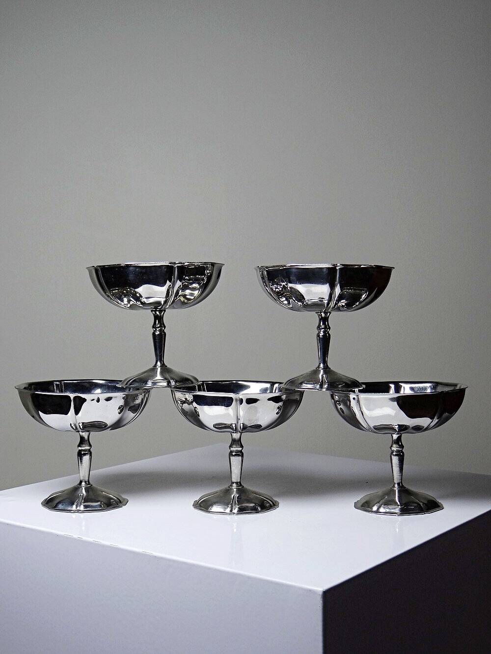 5 vintage bistro-style stainless steel dessert bowls on stands