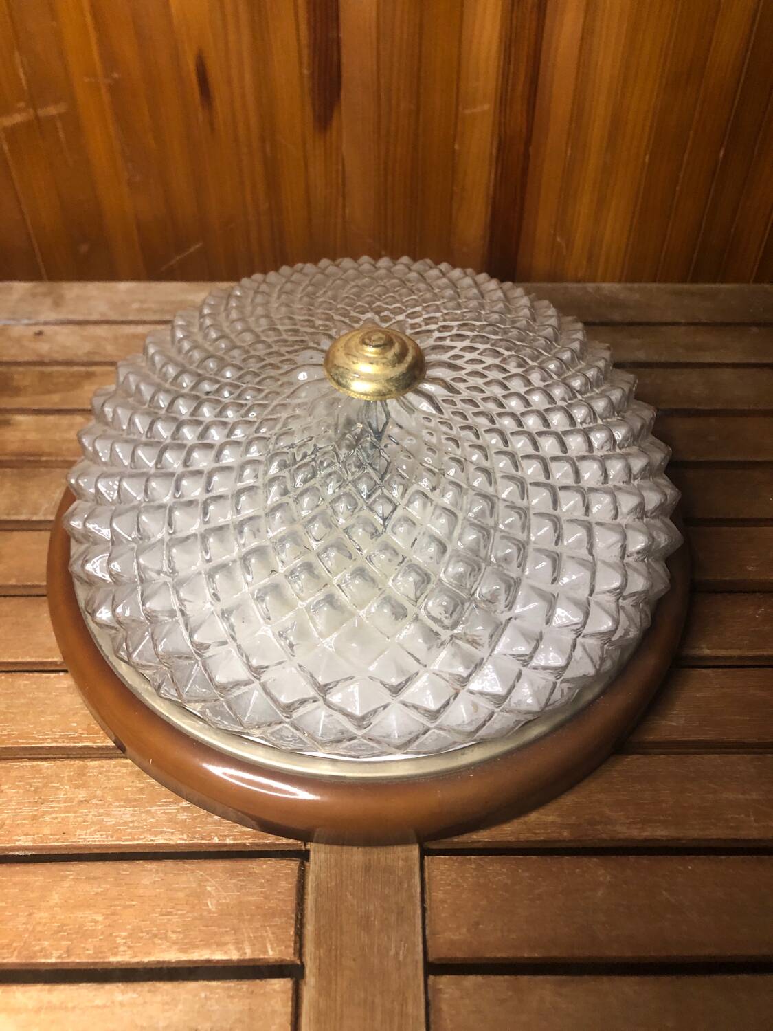 Old molded glass ceiling light + brown & gold metal contour vintage