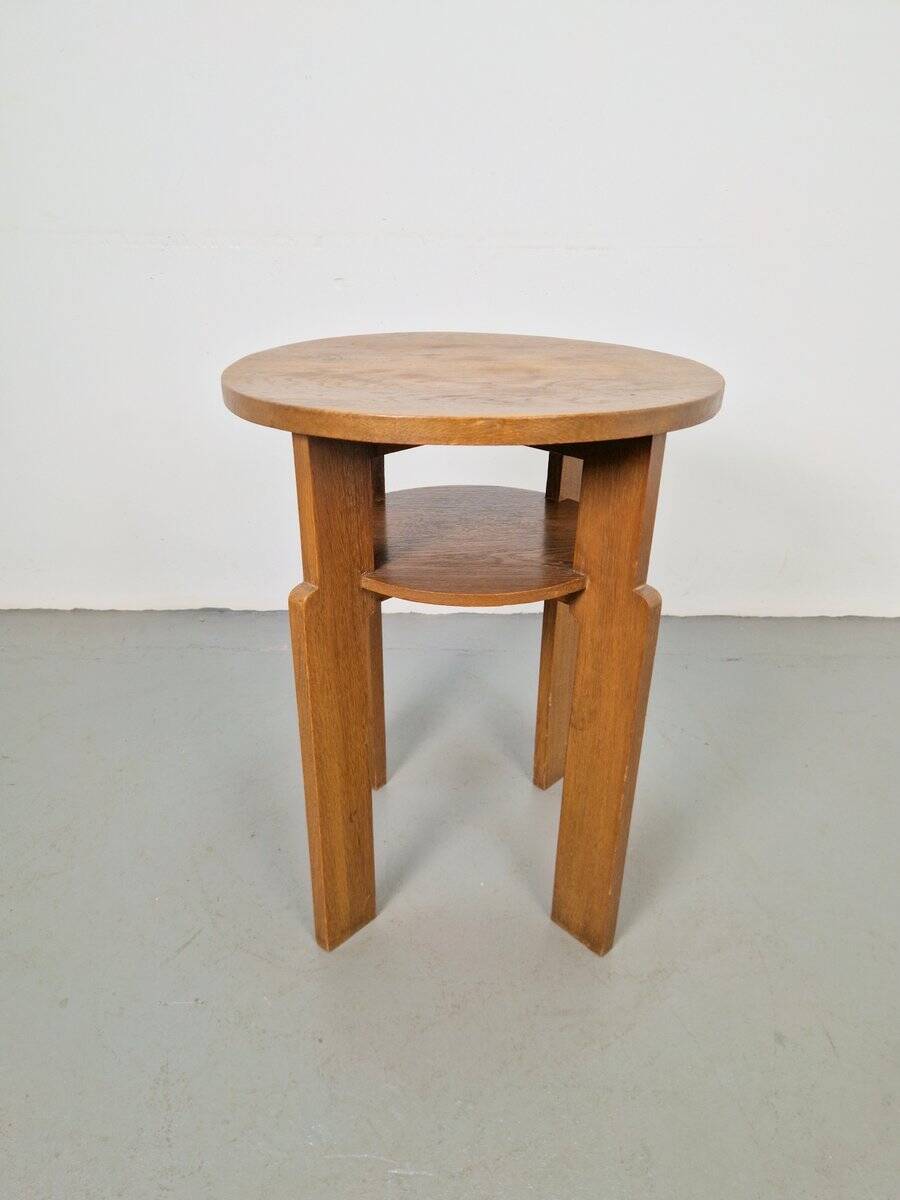 Art Deco Round Oak Side Table, 1930s