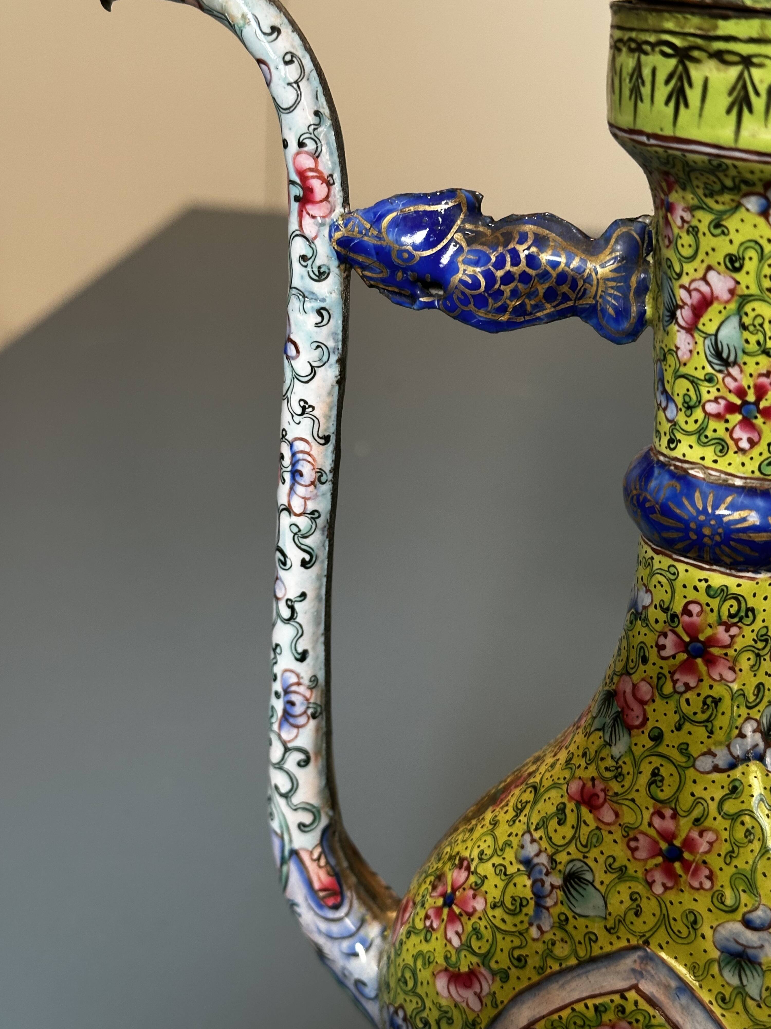 Chinese ewer in painted enamel on copper – floral decoration - Canton 18