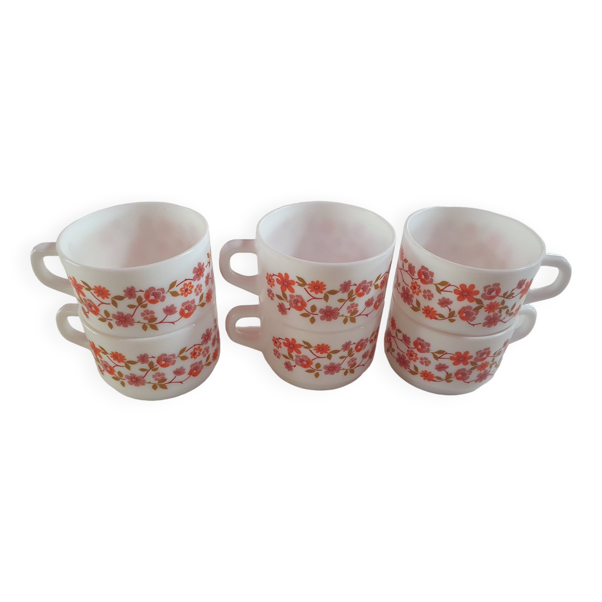 set of 6 vintage Arcopal Scania mugs with small orange liberty flowers from the 70s