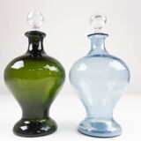 Danish Art Deco Blue and Green Glass Decanters, 1930s, Set of 2