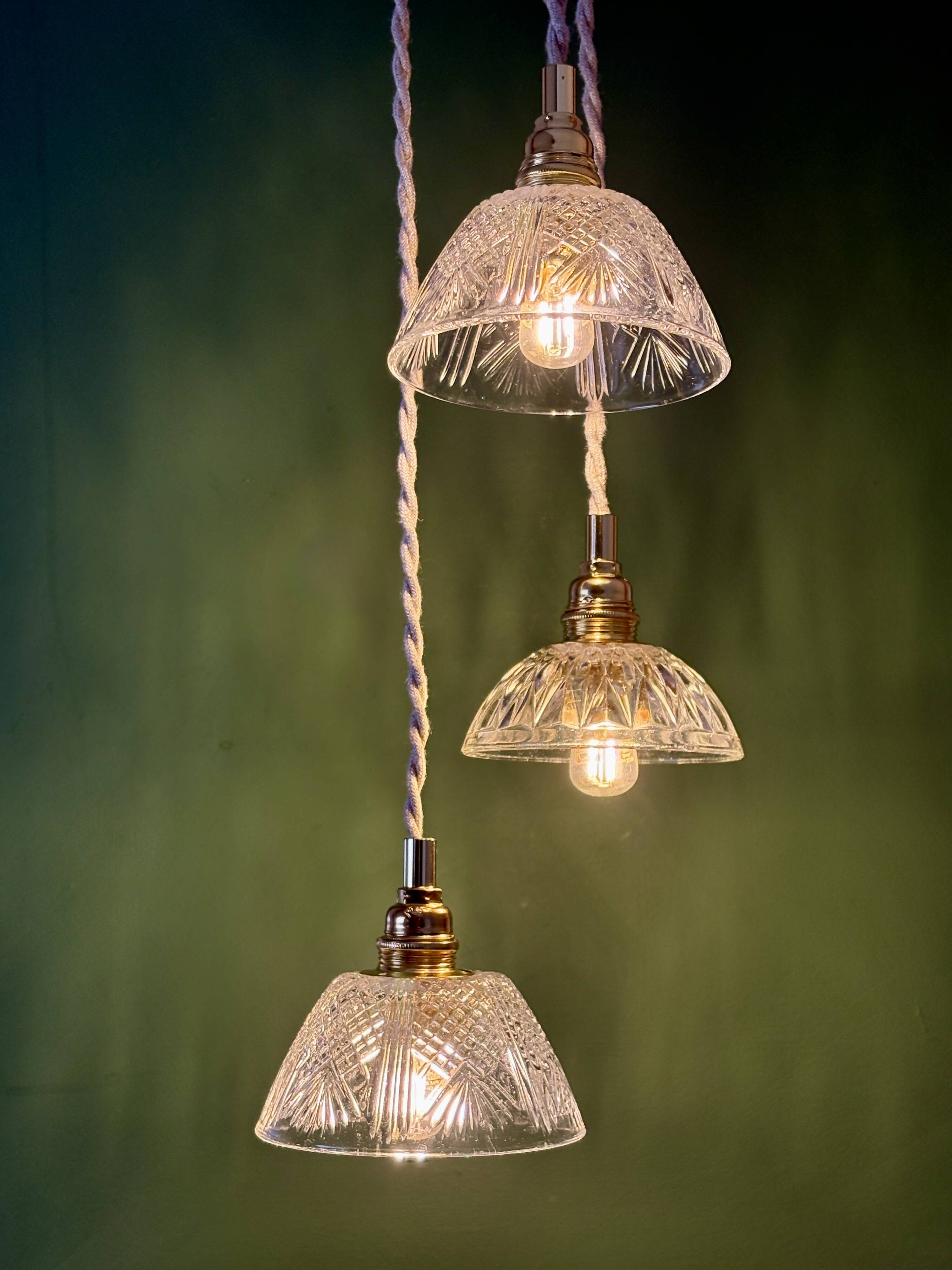 Suspension triple vintage glass chandelier - tableware collection