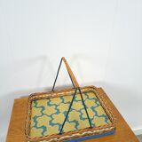 Rattan tray with handle and vintage flowers