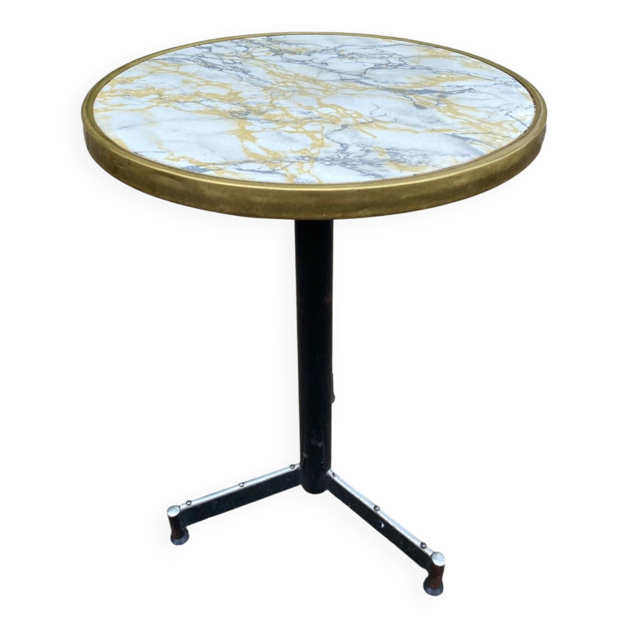 Round bistro table with a central pedestal, gold marble effect and black steel, 60cm.