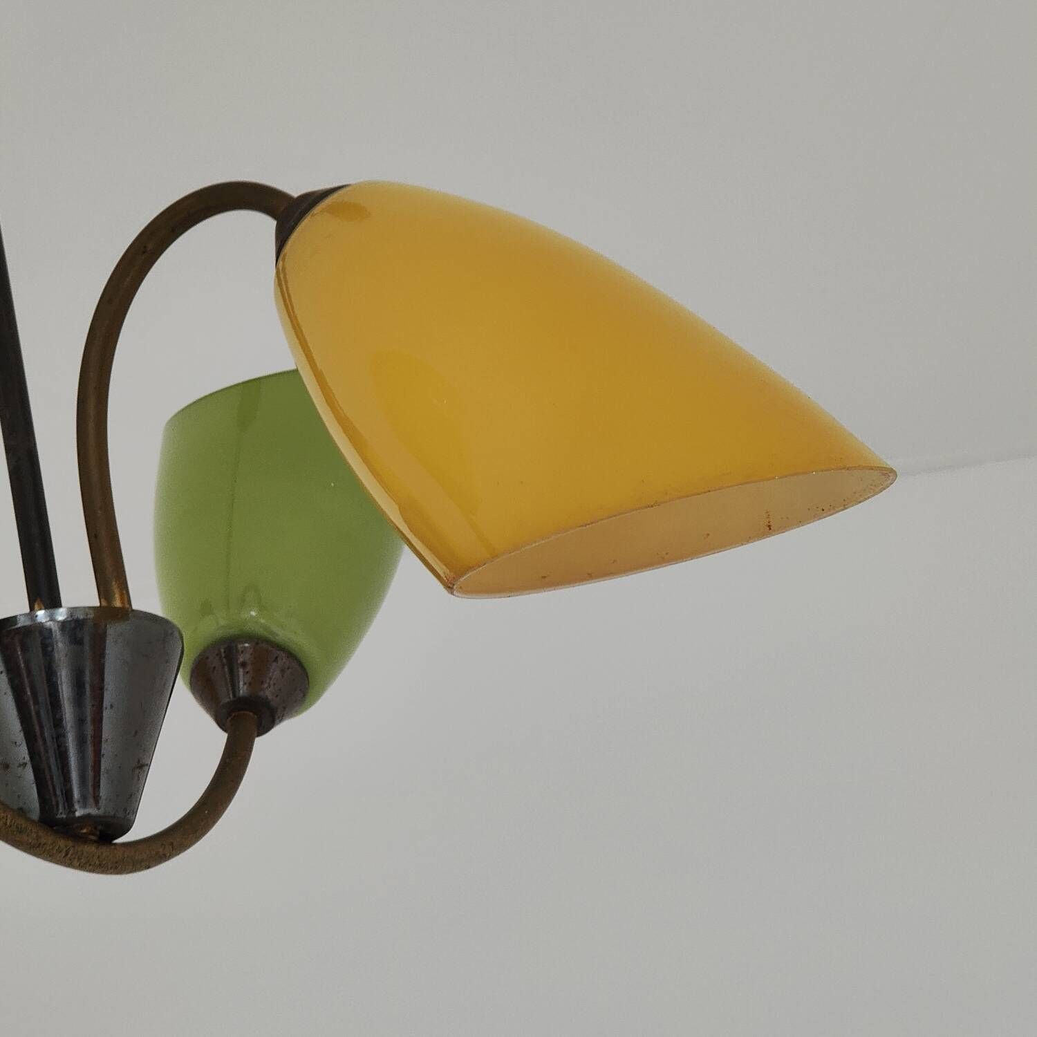 Brass and glass chandelier 4 yellow and green lights from the 60s