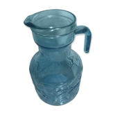 Ancien pichet carafe verre moulé bleu avec anse décorative