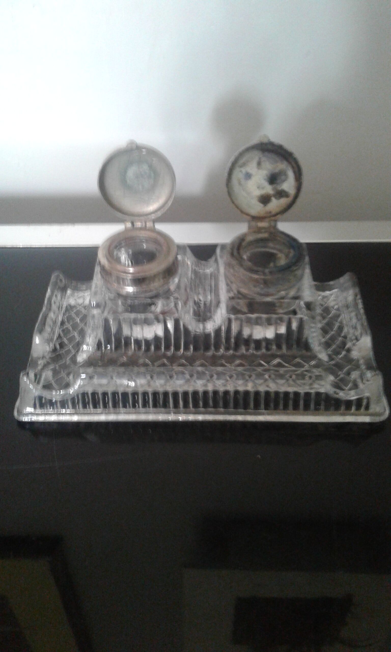 Double antique glass inkwell