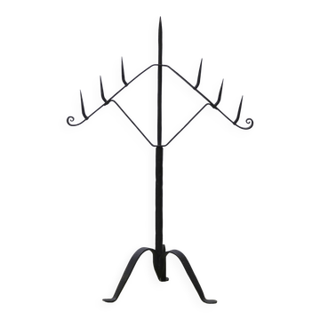 Large tripod candlestick in wrought iron with 7 branches, 1950s.